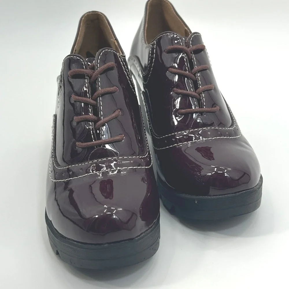 Womens Burgundy Patent Lace Up‎ Oxford Platform Chunky Heel Lug Sole Shoe Size 7